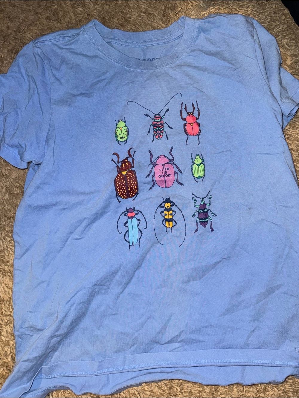 Life Is Good Light Blue Tee with Colorful Bug Print